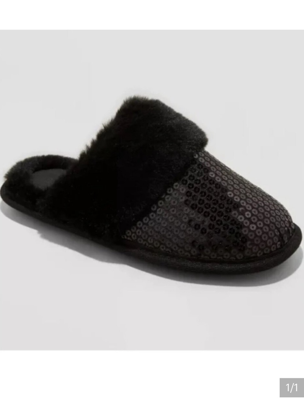 Auden 7/8 Black Sequined Faux Fur Lined Women's slip on Slippers NEW WITH TAGS